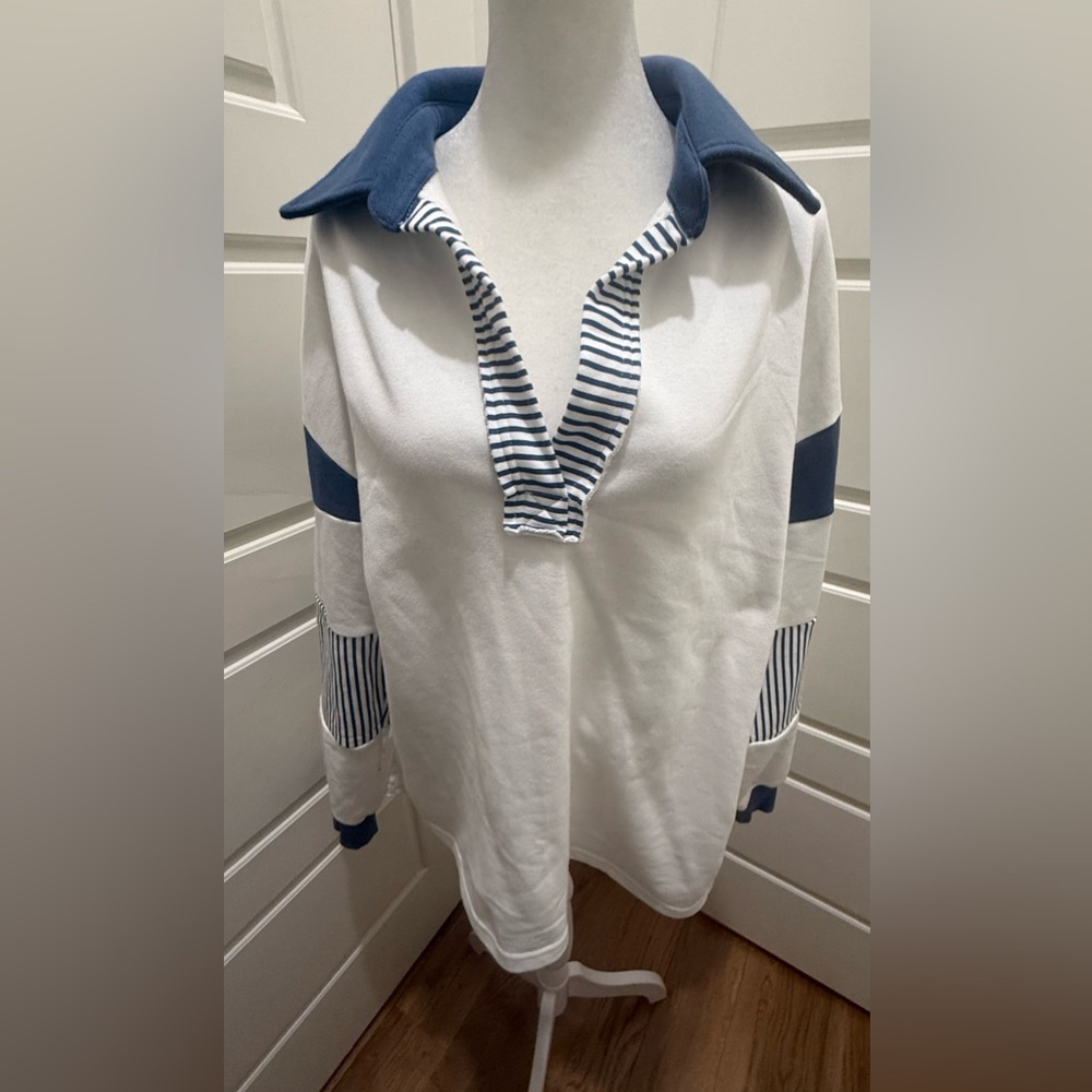Hazel Blues. Color Block Johnny Color Long Sleeve Sweatshirt. Blue/White. Small. - Picture 3 of 10